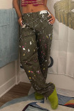 Army Green Casual Street Print Patchwork Straight High Waist Straight Full Print Bottoms