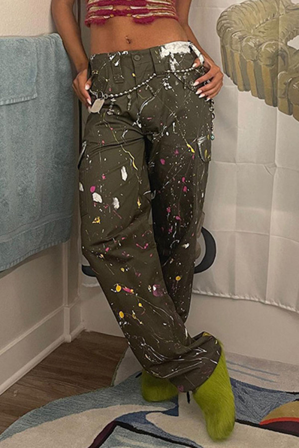Army Green Casual Street Print Patchwork Straight High Waist Straight Full Print Bottoms