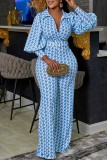 Blue Casual Print Patchwork With Belt Turndown Collar Long Sleeve Two Pieces