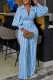 Blue Casual Print Patchwork With Belt Turndown Collar Long Sleeve Two Pieces