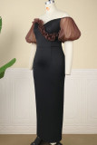 Black Elegant Solid Patchwork Off the Shoulder Evening Dress Dresses