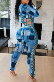 Red Sexy Casual Print Hollowed Out Frenulum O Neck Skinny Jumpsuits