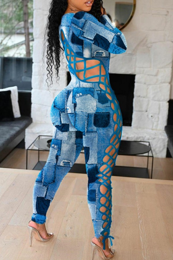 Blue Sexy Casual Print Hollowed Out Frenulum O Neck Skinny Jumpsuits