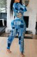 Blue Sexy Casual Print Hollowed Out Frenulum O Neck Skinny Jumpsuits