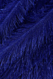 Blue Sexy Solid Patchwork Asymmetrical Half A Turtleneck Sleeveless Two Pieces