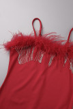 Red Sexy Solid Patchwork Feathers Spaghetti Strap Skinny Jumpsuits