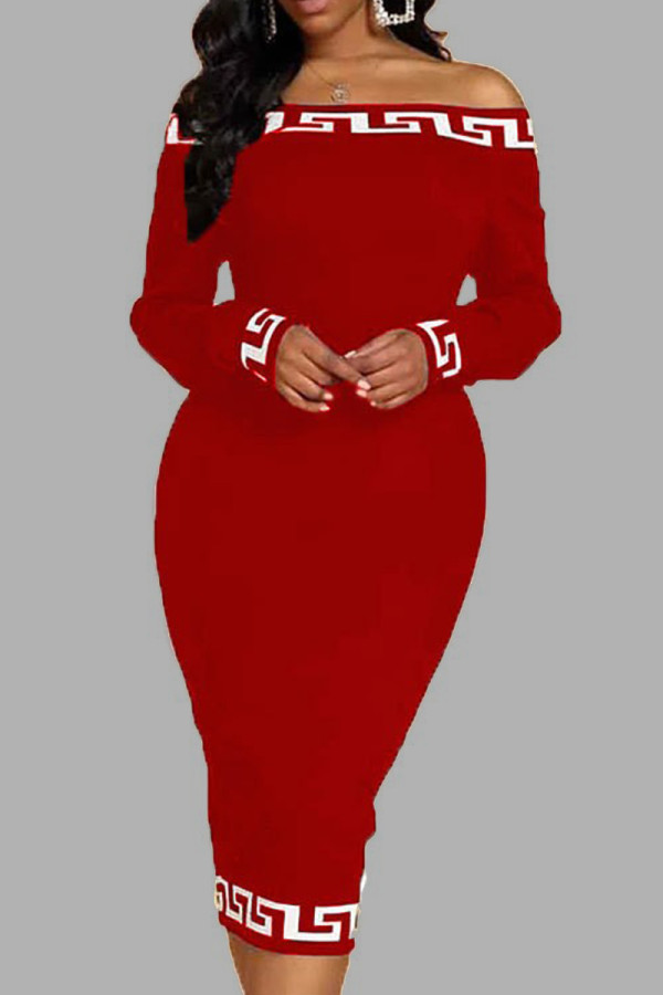 Burgundy Casual Print Patchwork Backless Off the Shoulder Long Sleeve Dresses