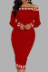 Burgundy Casual Print Patchwork Backless Off the Shoulder Long Sleeve Dresses