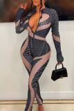 Brown Sexy Print Patchwork Zipper Collar Skinny Jumpsuits