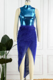 Blue Sexy Solid Patchwork Asymmetrical Half A Turtleneck Sleeveless Two Pieces