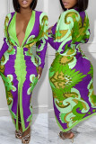 Red Sexy Casual Print Patchwork Slit Fold V Neck Long Sleeve Dresses