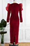 Red Sexy Elegant Solid Patchwork Flounce V Neck Evening Dress Dresses