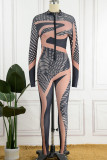 Brown Sexy Print Patchwork Zipper Collar Skinny Jumpsuits