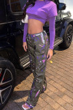 Army Green Casual Street Print Patchwork Straight High Waist Straight Full Print Bottoms