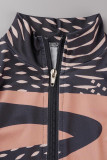 Brown Sexy Print Patchwork Zipper Collar Skinny Jumpsuits