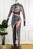 Brown Sexy Print Patchwork Zipper Collar Skinny Jumpsuits