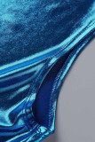 Blue Sexy Solid Patchwork Asymmetrical Half A Turtleneck Sleeveless Two Pieces