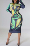Colour Sexy Print Patchwork O Neck Pencil Skirt Dresses