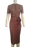 Brown Casual Print Patchwork Zipper Collar Short Sleeve Dress