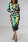 Colour Sexy Print Patchwork O Neck Pencil Skirt Dresses