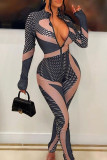 Brown Sexy Print Patchwork Zipper Collar Skinny Jumpsuits
