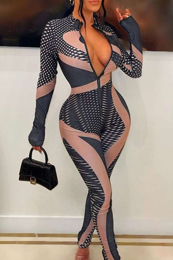 Black Sexy Print Patchwork Zipper Collar Skinny Jumpsuits