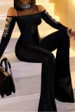 Pure Black Casual Patchwork See-through Half A Turtleneck Regular Jumpsuits