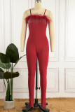 Red Sexy Solid Patchwork Feathers Spaghetti Strap Skinny Jumpsuits