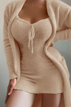 Khaki Sexy Casual Solid Basic V Neck Long Sleeve Two Pieces