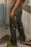 Army Green Casual Street Print Patchwork Straight High Waist Straight Full Print Bottoms