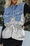 Silver Casual Patchwork Contrast Turndown Collar Outerwear