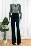 Blue Sexy Solid Patchwork See-through Hot Drill O Neck Straight Jumpsuits