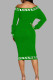 Green Casual Print Patchwork Backless Off the Shoulder Long Sleeve Dresses