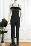Red Sexy Solid Patchwork Feathers Spaghetti Strap Skinny Jumpsuits