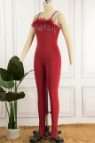 Red Sexy Solid Patchwork Feathers Spaghetti Strap Skinny Jumpsuits