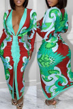 Red Sexy Casual Print Patchwork Slit Fold V Neck Long Sleeve Dresses