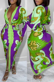 Red Sexy Casual Print Patchwork Slit Fold V Neck Long Sleeve Dresses
