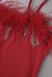 Red Sexy Solid Patchwork Feathers Spaghetti Strap Skinny Jumpsuits