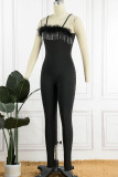 Red Sexy Solid Patchwork Feathers Spaghetti Strap Skinny Jumpsuits