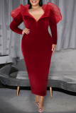 Red Sexy Elegant Solid Patchwork Flounce V Neck Evening Dress Dresses