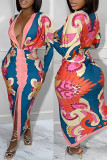 Red Sexy Casual Print Patchwork Slit Fold V Neck Long Sleeve Dresses