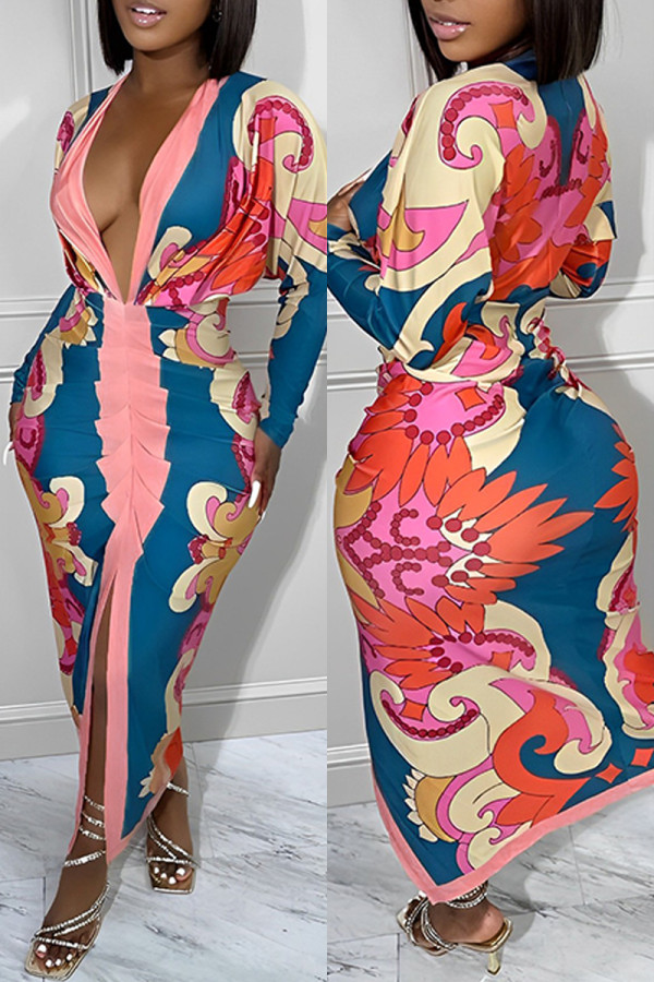 Blue Sexy Casual Print Patchwork Slit Fold V Neck Long Sleeve Dresses