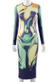 Colour Sexy Print Patchwork O Neck Pencil Skirt Dresses