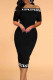 Black Casual Print Patchwork Off the Shoulder Short Sleeve Dress