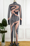 Brown Sexy Print Patchwork Zipper Collar Skinny Jumpsuits
