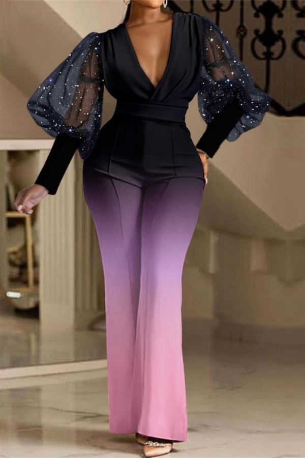 Colour Casual Gradual Change Print Patchwork See-through V Neck Regular Jumpsuits