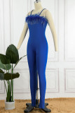 Red Sexy Solid Patchwork Feathers Spaghetti Strap Skinny Jumpsuits