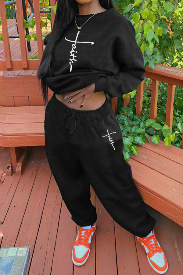 Black Casual Print Patchwork O Neck Long Sleeve Two Pieces