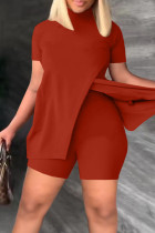 Red Casual Solid Patchwork Half A Turtleneck Short Sleeve Two Pieces
