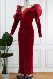 Red Sexy Elegant Solid Patchwork Flounce V Neck Evening Dress Dresses